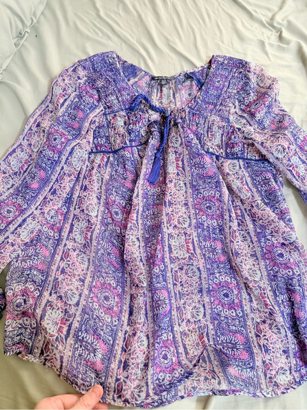American Eagle Outfitters Purple and Pink Paisley Peasant Top